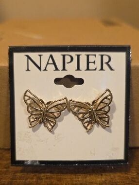 Napier Gold-tone Filigree Butterfly Stud Earrings